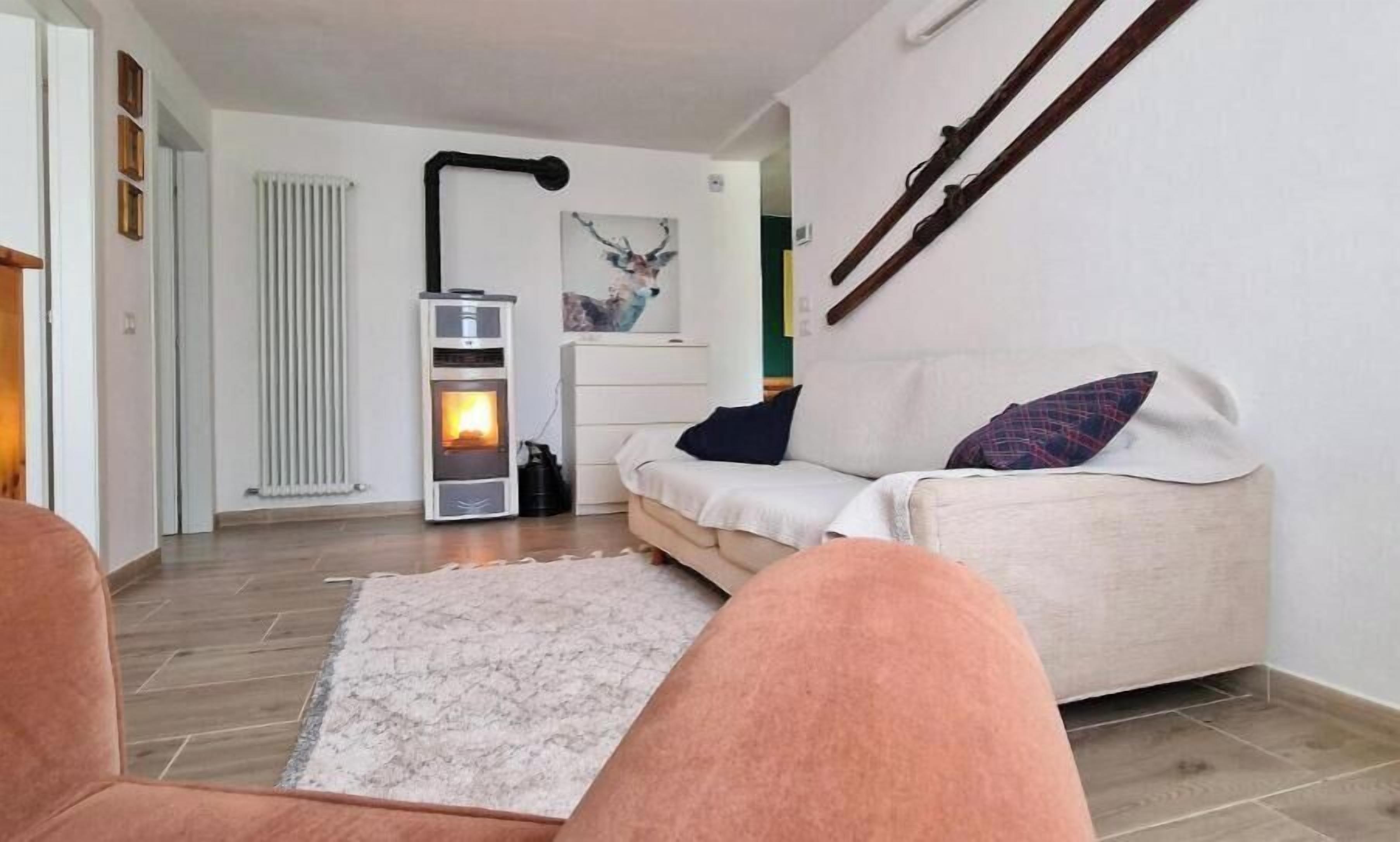 Een gezellige woonkamer met een bank, een open haard en een radiator.