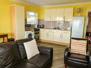 A compact kitchen with a microwave, stove, and washing machine, a sofa, and a chair with striped cushions. - Charming 16A in Beautiful Torquay, Devon (Torquay)