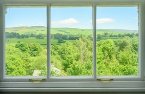 A window with a view of a green landscape, including hills and trees.