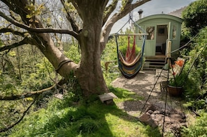A tree with a hammock, a small wooden bench, and a green house with steps leading to the door. - The Shephard Hut, Solva (Haverfordwest)