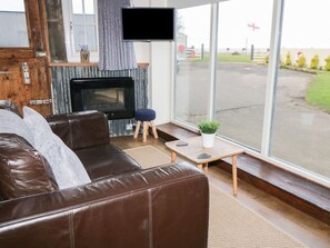 A living room with a leather sofa, a fireplace, a television, and a view of the outside. - The Hayshed, Hawsker (Whitby)