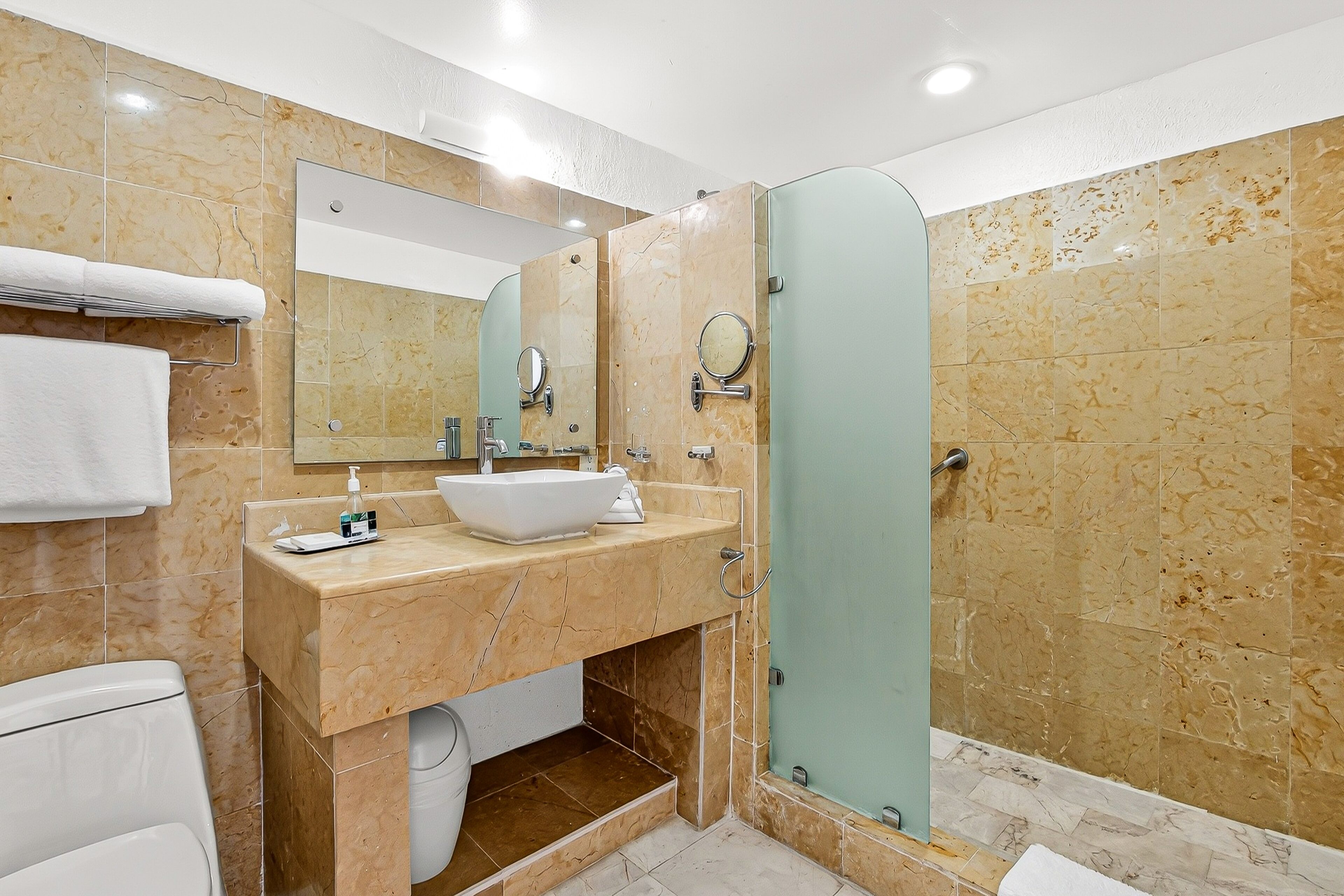 A bathroom with a marble sink, a glass shower enclosure, and a toilet.