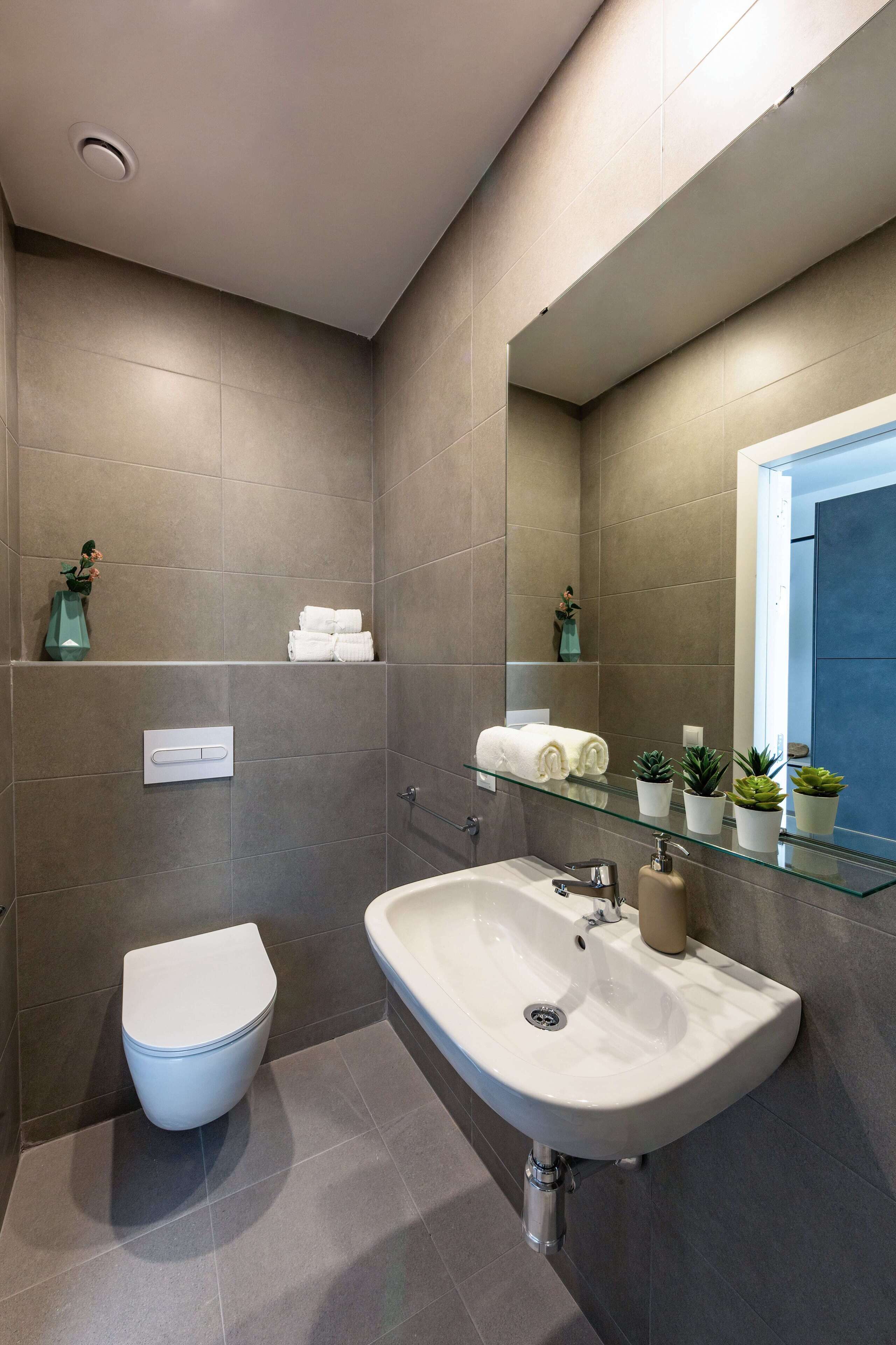 A modern bathroom with a toilet, sink, and mirror.