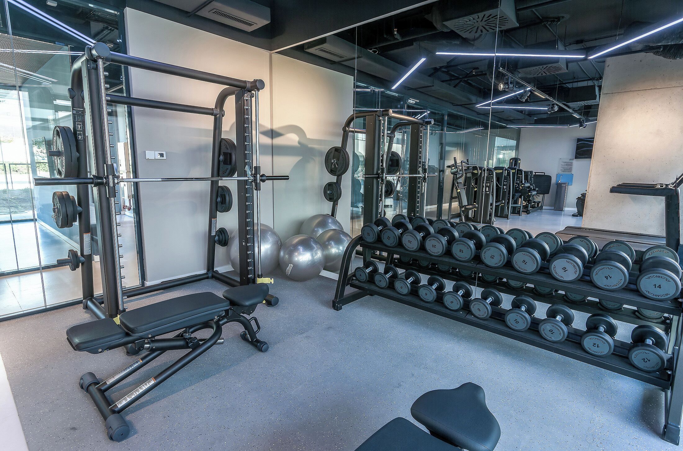 A gym with weightlifting equipment, dumbbells, and exercise machines.