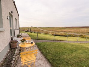 Un patio con una mesa y sillas, una planta en maceta y vistas a un paisaje rural.