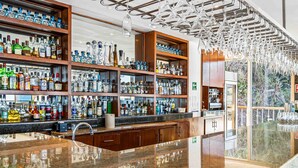 Un bar avec des étagères remplies de bouteilles d’alcool, un comptoir en granit poli et un lustre moderne.