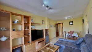 A living room with a TV, wooden shelving, a sofa, and a dining area. - Terrasol Zeus in Torre del Mar (Velez-Malaga)