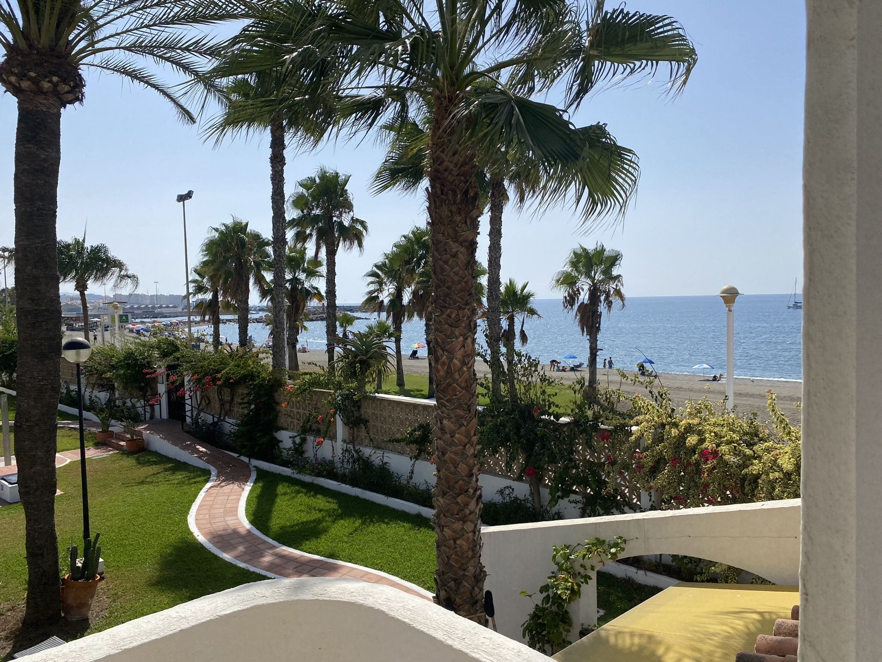 A balcony with a view of a beach, palm trees, and a clear sky.