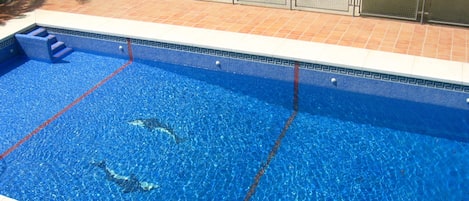 A swimming pool with clear blue water, a tiled deck, and a metal fence.