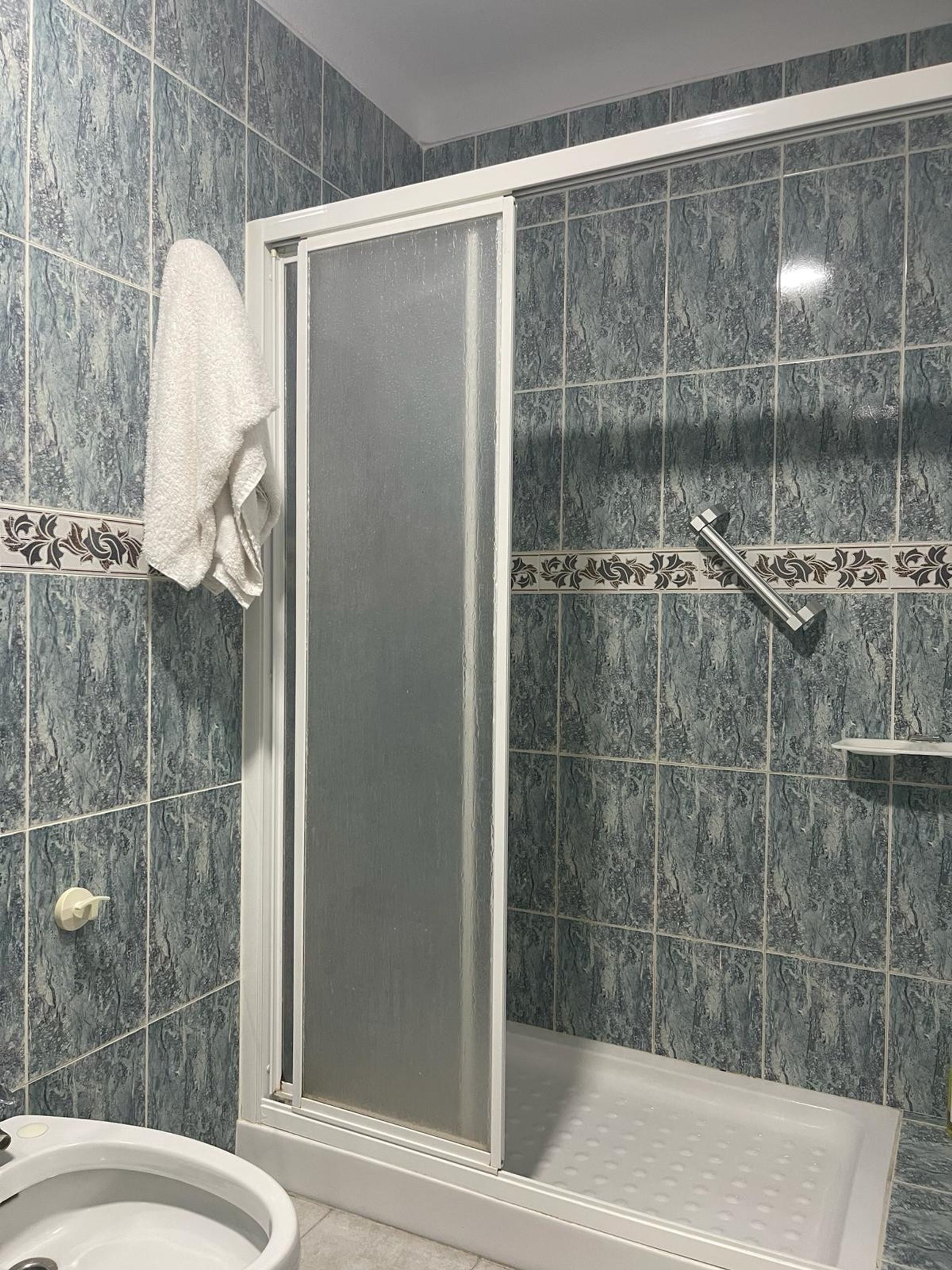 Un baño con cabina de ducha, inodoro y toallero.