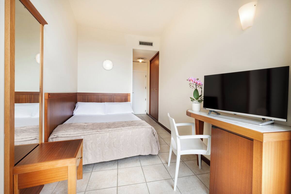 A hotel room with a bed, a desk with a TV, a chair, and a potted plant.