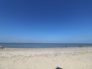 Une plage avec un ciel dégagé, une mer calme et une vue lointaine sur la ville.