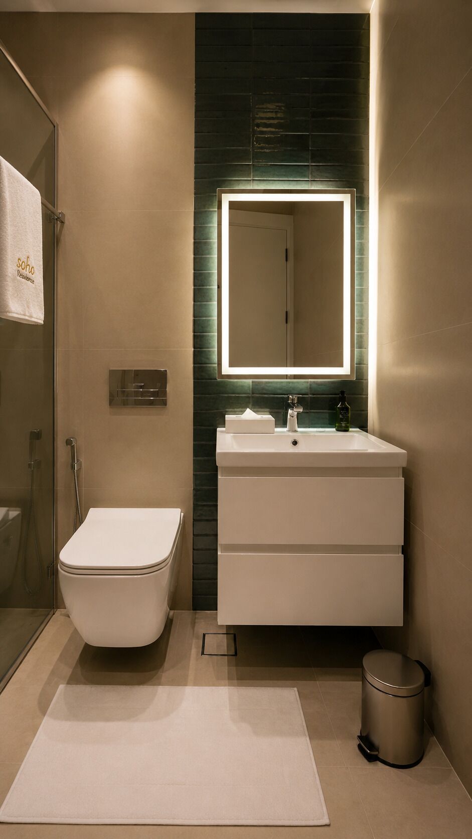 A modern bathroom with a toilet, sink, and mirror.