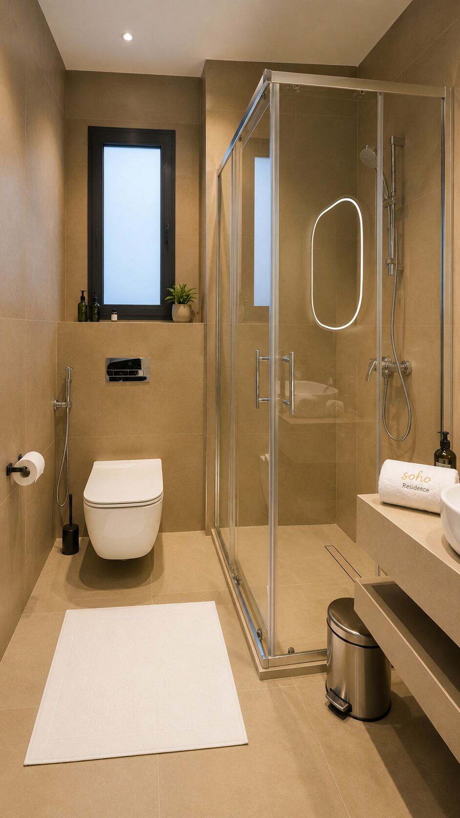 A modern bathroom with a glass-enclosed shower, a toilet, a sink, and a small window.