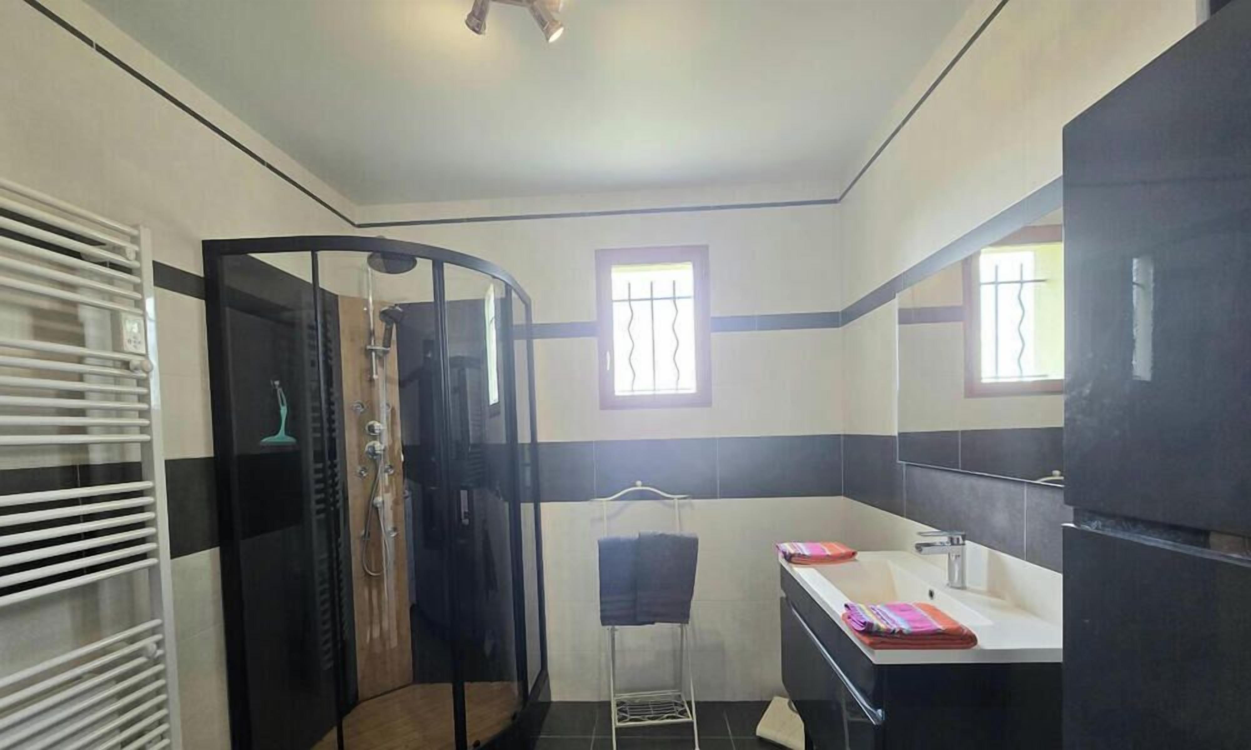 A bathroom with a shower, a sink, and a mirror.