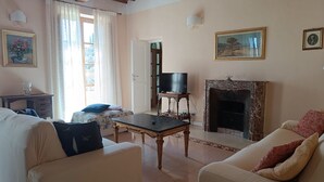 Un salon avec une cheminée, un téléviseur et un canapé.