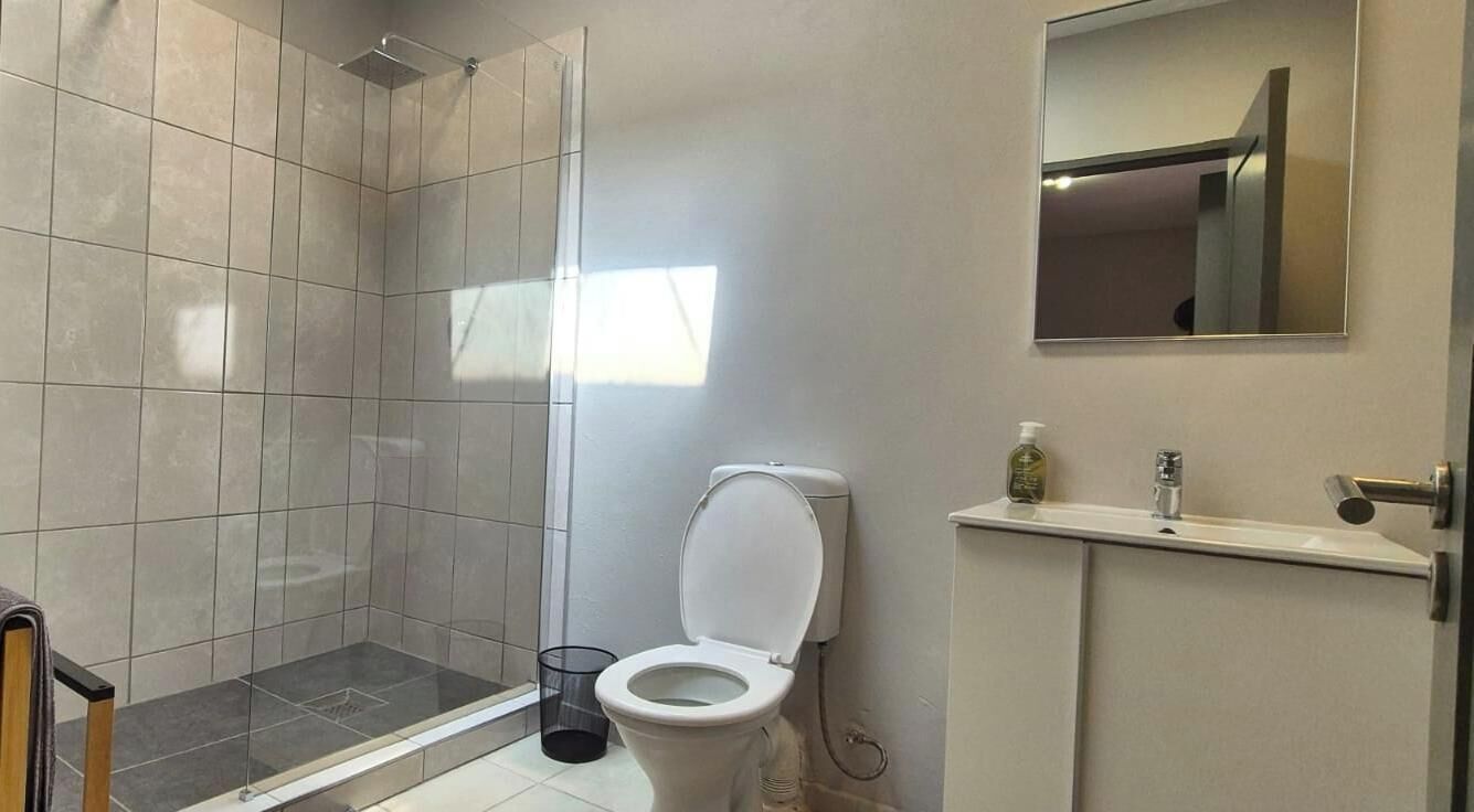 Shower, towels, toilet paper