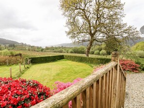 A garden with a wooden fence, a lawn, and a tree.