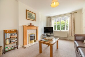 A living room with a fireplace, a television, a bookshelf, and a leather sofa.