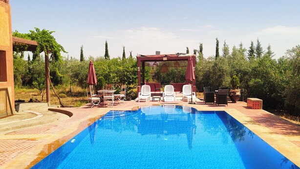 Ein Schwimmbecken mit Liegestühlen und einer Pergola.