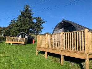 Two dome-shaped cabins with wooden railings, set on a grassy field with trees in the background. - Pod 1, Llanegryn near Tywyn, Gwynedd. (Tywyn)