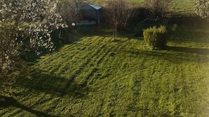 Paisaje rural con un campo verde, una pequeña construcción y árboles florecientes.
