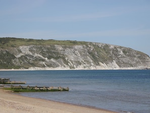 Un paysage côtier avec une plage de sable, une eau calme et une grande falaise parsemée de formations rocheuses blanches.
