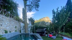 A swimming pool with a stone wall, a tree, and a mountain in the background. - Villa Luna Rossa, Capri (Capri)