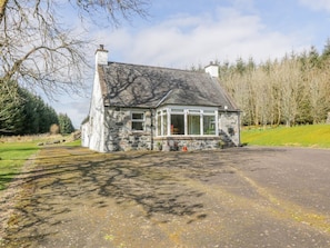 A stone house with a sloped roof, a chimney, and a bay window. - Glen View Dunscore nr Dumfries (Dumfries)