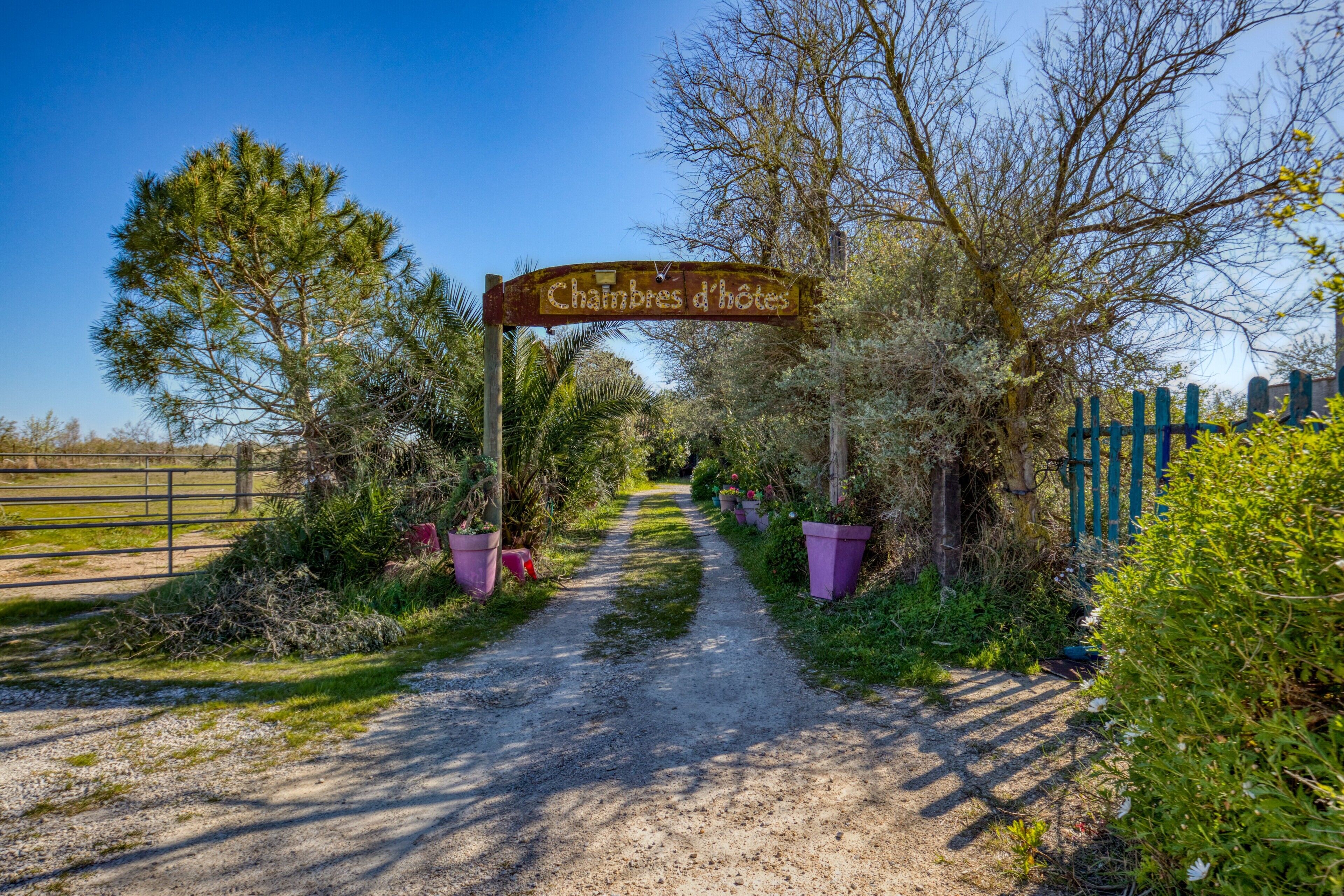 A gravel path leading to a sign reading 'Chambres d'hôtes' surrounded by greenery and trees.
