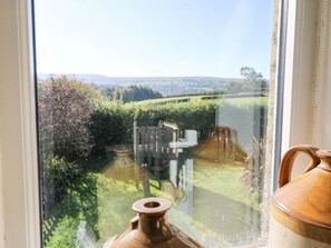 Visão através de uma janela, com um vaso em primeiro plano, um jardim com cerca e uma paisagem distante.