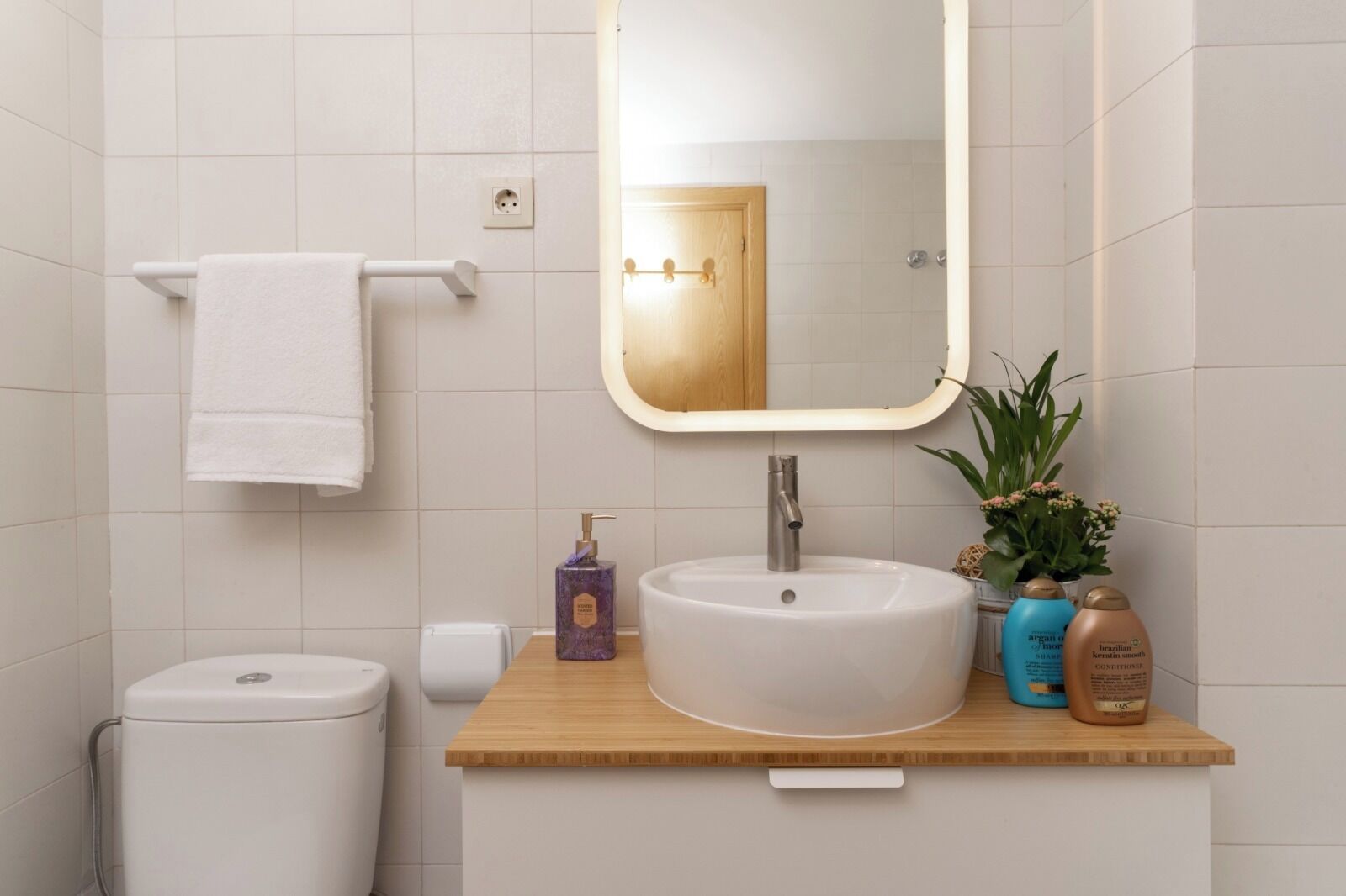 Hair dryer, towels, soap, toilet paper