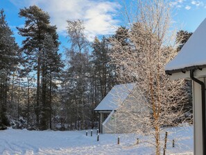 Ett snötäckt landskap med en byggnad, träd och en klar himmel.