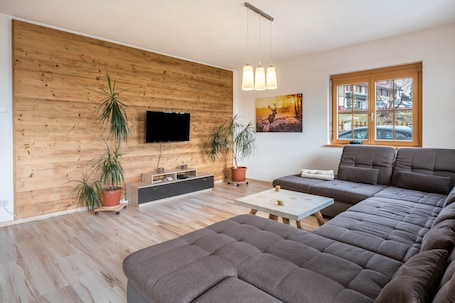Fernseher, Kamin, DVD-Player, Tischtennisplatte. Ferienwohnung Nr 4 Tannenzapfen mit Bergblick und Gemeinschaftsgarten