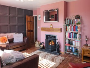 A cozy living room with a fireplace, a bookshelf, and a leather sofa. - Afallon, Llanerchymedd (Llannerch-y-Medd)
