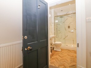 A bathroom with a shower, toilet, and a door leading to another room.