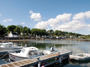 A marina with boats docked, a wooden pier, and houses in the background.