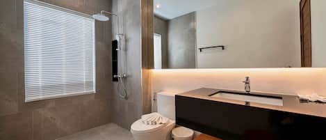 Shower, free toiletries, hair dryer, towels