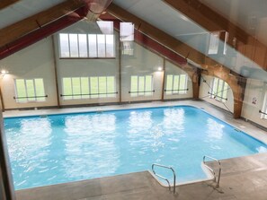 An indoor swimming pool with clear windows, a roof with wooden beams, and a visible pool ladder.