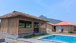 A bungalow with a thatched roof, a swimming pool, and a mountain in the background.