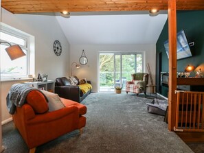 Ein gemütliches Wohnzimmer mit Kamin, einer Couch, einem Sessel und einem Fernseher.