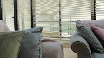 A room with a window, a sofa, and a chair.