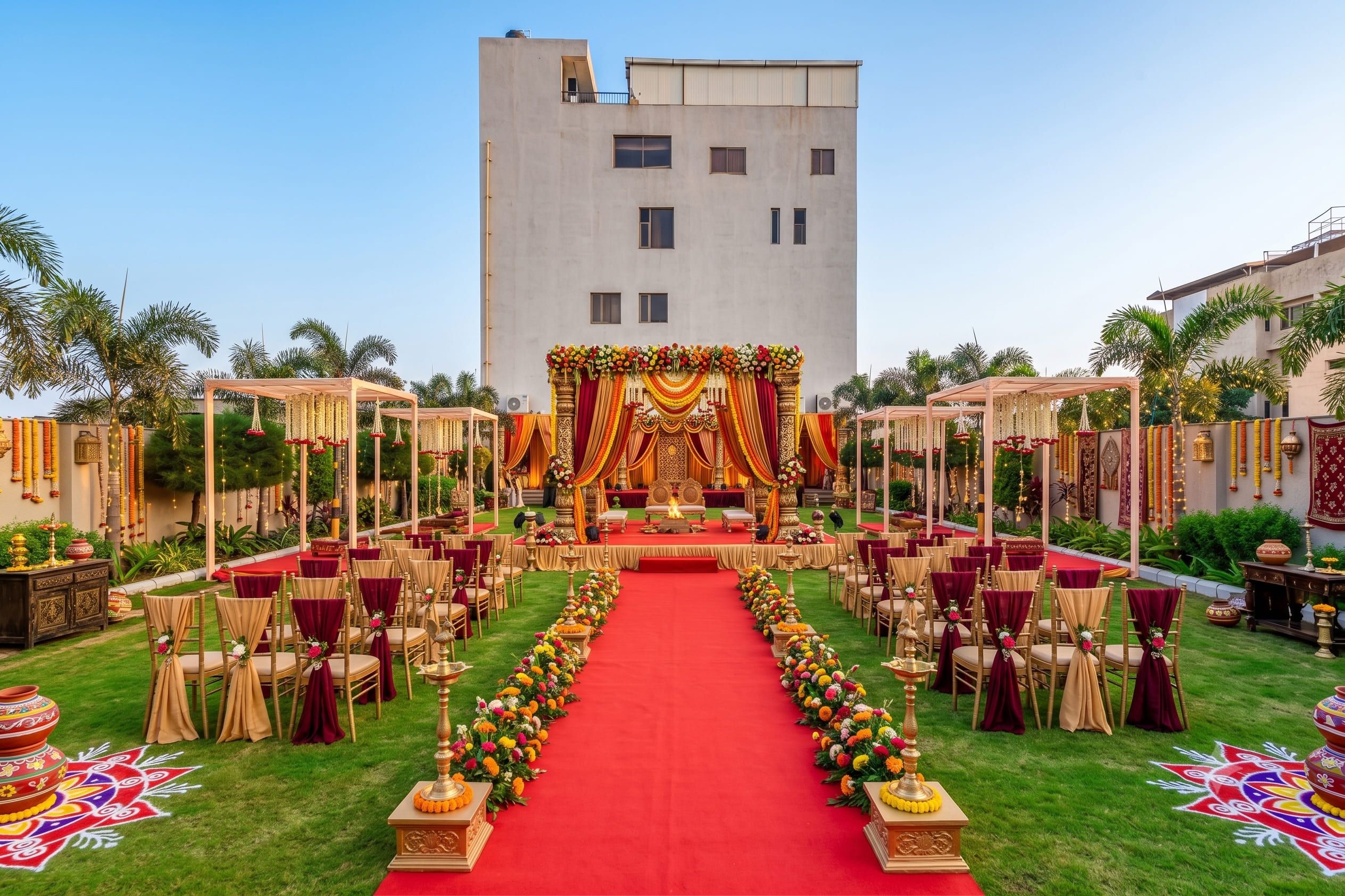 An outdoor event space with a red carpet, floral decorations, and a stage.