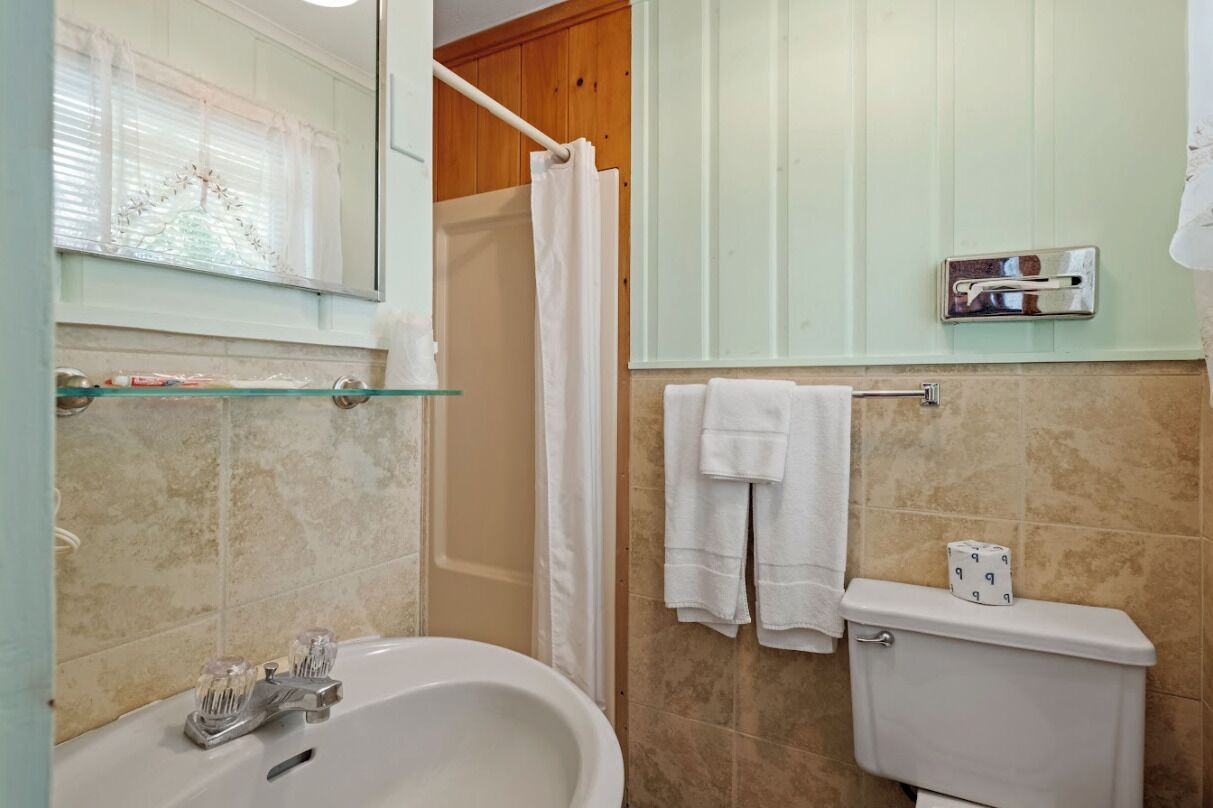 A bathroom with a bathtub, toilet, and shower curtain.