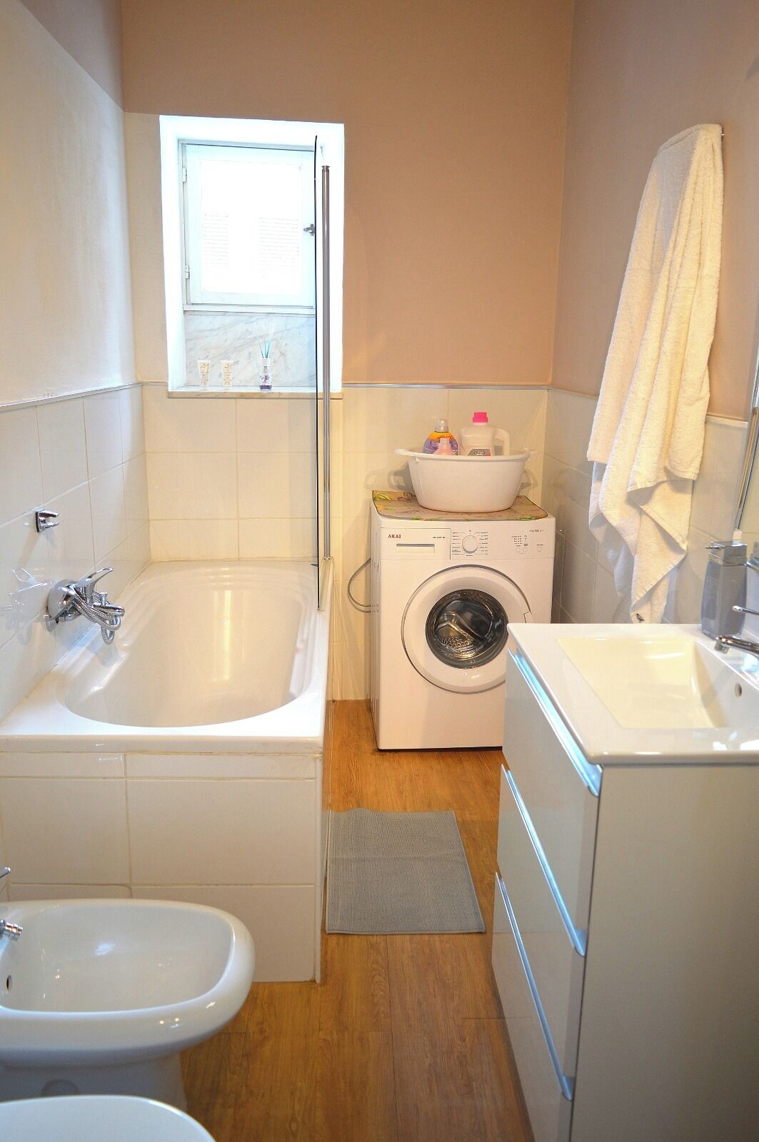 Shower, hair dryer, bidet, towels