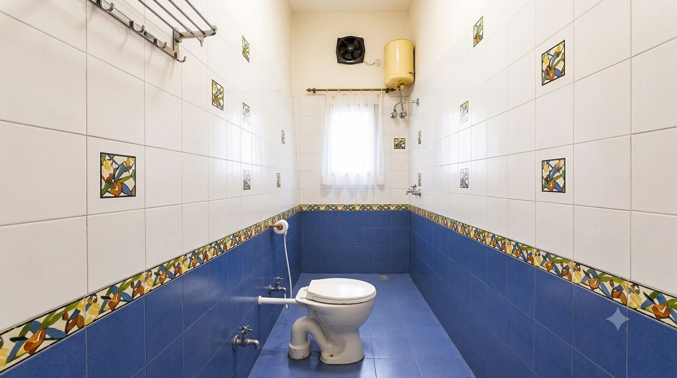 A bathroom with a white toilet, blue tiled walls, and a shower area.