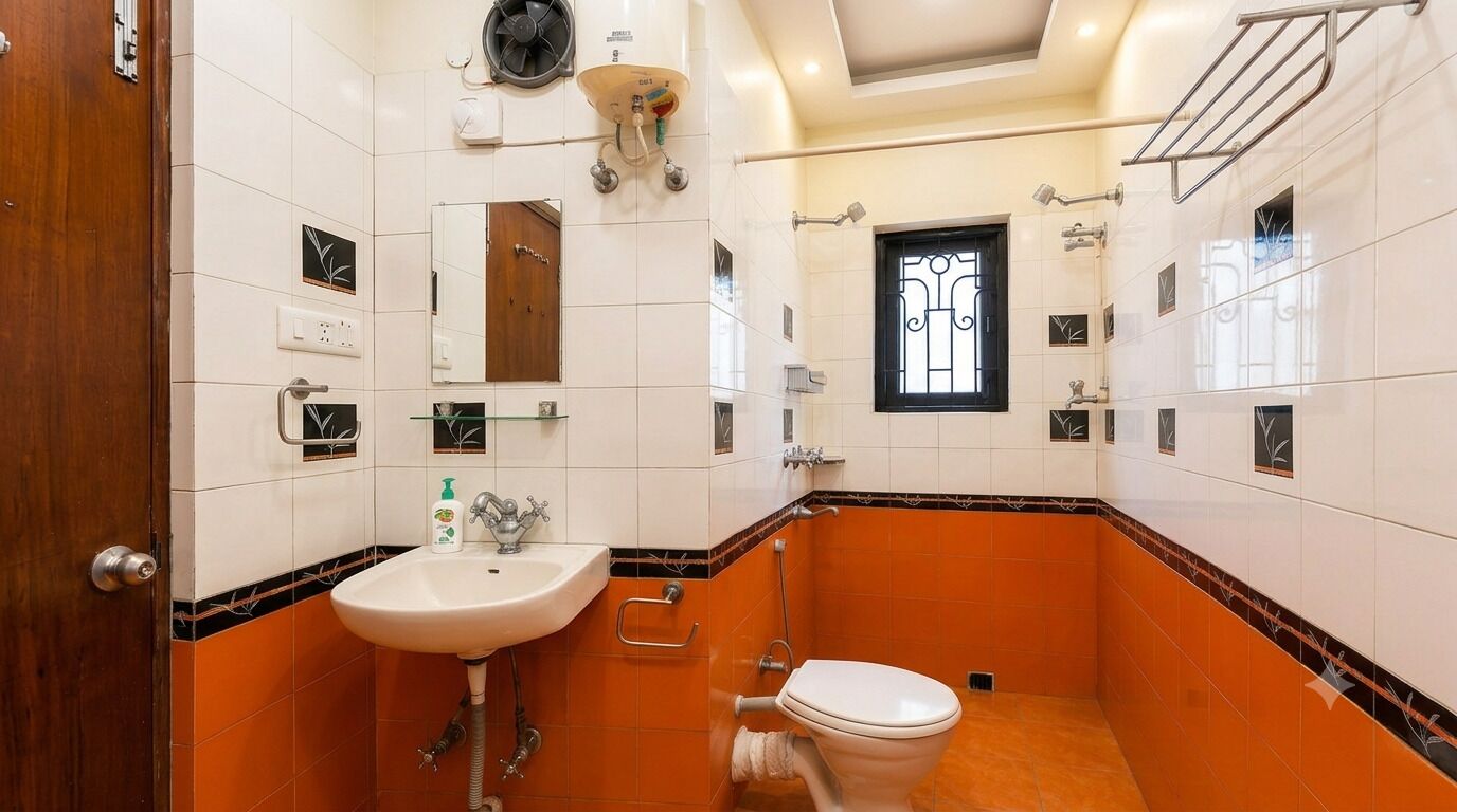 A bathroom with white and orange tiles, a sink, a toilet, a mirror, and a window with decorative bars.