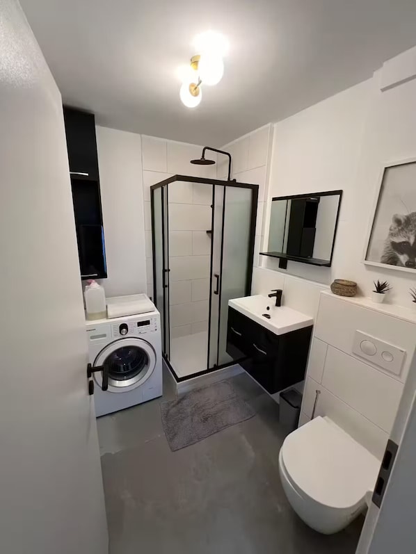 Hair dryer, towels, soap, toilet paper