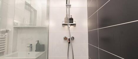 Hair dryer, towels, soap, toilet paper