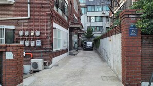 Une ruelle étroite entre deux immeubles aux façades en briques, une voiture garée et un panneau indiquant le numéro 25.